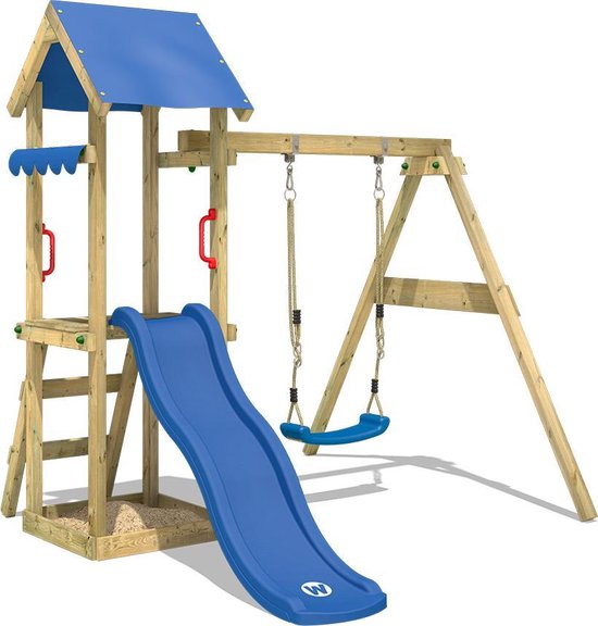WICKEY speeltoestel klimtoestel TinyWave met schommel en blauwe glijbaan, outdoor kinderspeeltoestel met zandbak, ladder en speelaccessoires voor de tuin