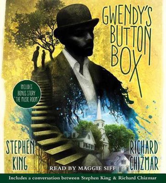 Albumhoes 'Gwendy's Button Box' met een man in een hoed, een trap, kerktoren en een bonusverhaal.