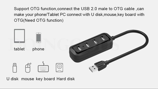 USB 2.0 Hub 4 poorten USB Splitter OTG Adapter - 15cm kabel - Zwart - Vention
