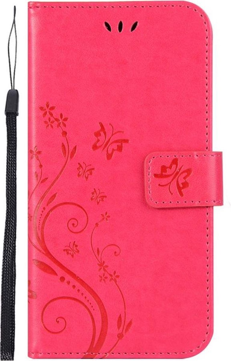 Shop4 - Samsung Galaxy M20 (Power) Hoesje - Wallet Case Vlinder Patroon Donker Roze