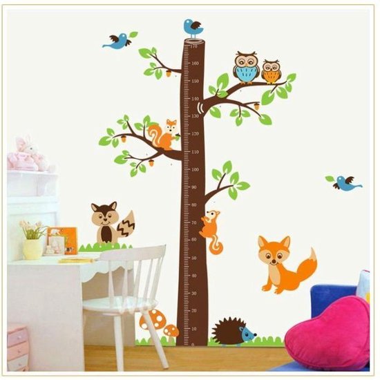 Muursticker Groeimeter en Meetlat - Boom met dieren - 182x85 cm