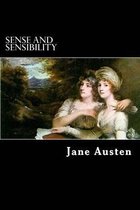 Boekomslag van 'Sense and Sensibility' van Jane Austen, met een schilderij van twee vrouwen in historische kleding.