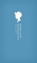 Boek 'Sense and Sensibility' van Jane Austen, met een witte silhouette van een vrouw en de titel in witte letters op een blauwe achtergrond.