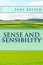 Boek "Sense and Sensibility" van Jane Austen, met op de omslag een landschap van groene velden onder een blauwe lucht.