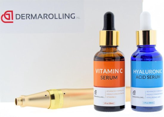 Dermarolling dermastamp set deluxe inclusief vitamine c serum & hyaluronic acid serum