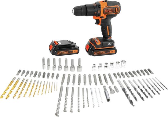 Zwarte en oranje BLACK+DECKER 18V accu schroef-klopboormachine met 18V Lithium accu en een grote set boormachine bits en doppen.