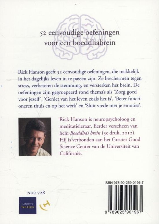 Achterkant van het boek met een afbeelding van Rick Hanson, een hersenafbeelding en tekst in het Nederlands.