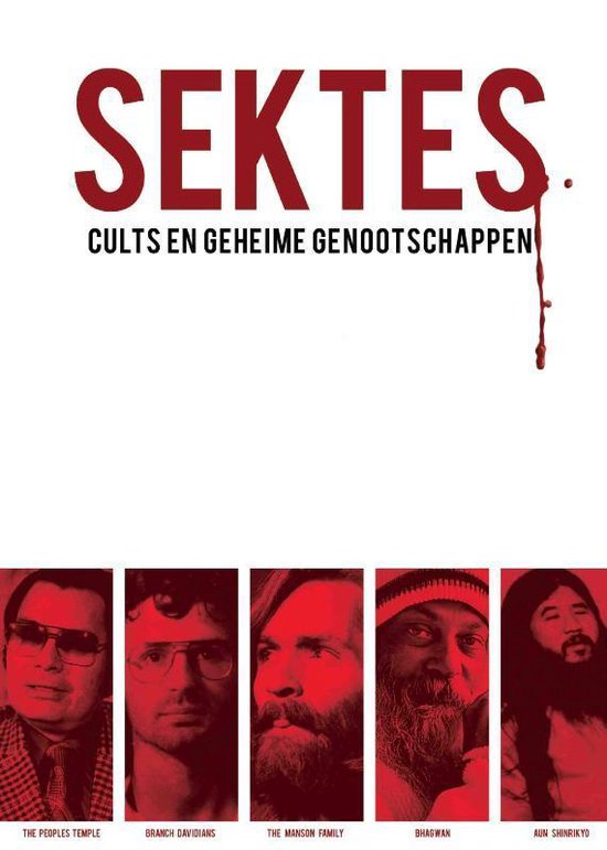 Boekomslag 'Sektes' met rode koppen en vijf portretten van sekteleiders. Titel in het rood.