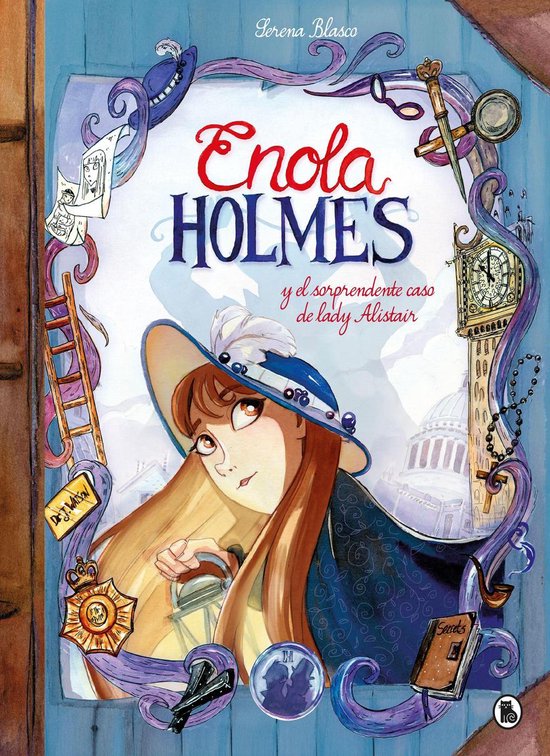 Graphic novel cover met Enola Holmes in hoed, omringd door illustraties zoals de Big Ben, een loupe en een lantaarn.