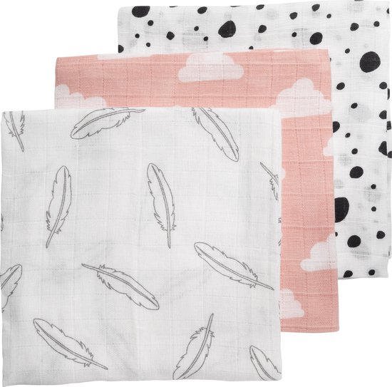 Meyco Feather-Clouds-Dots 3-pack hydrofiele luiers - 70 x 70 cm - Roze/wit/grijs/zwart