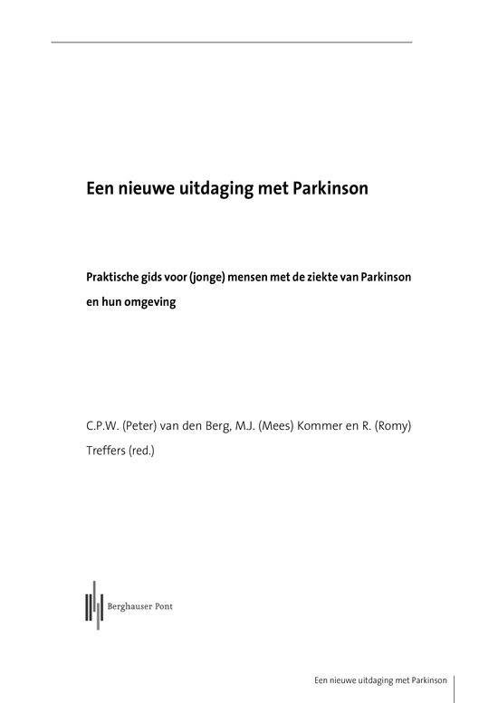 Titelpagina met de titel "Een nieuwe uitdaging met Parkinson". Onder de titel staat de ondertitel: "Praktische gids voor (jonge) mensen met de ziekte van Parkinson en hun omgeving".