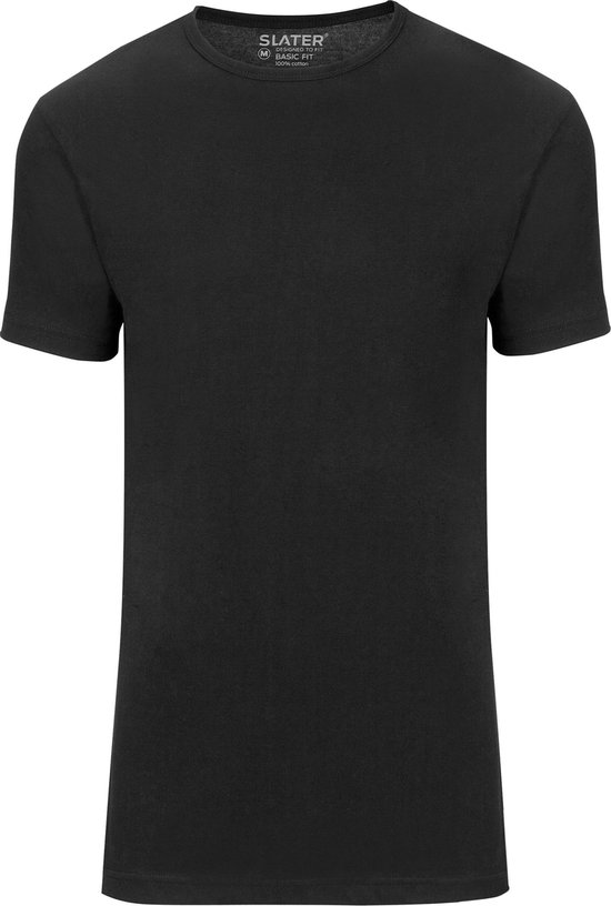 Zwart basic fit t-shirt met ronde hals en korte mouwen, label "SLATER" zichtbaar.