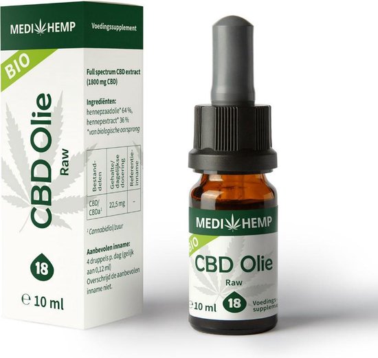 Medihemp Bio CBD olie raw 10ml met druppelaar en doosje met informatie.