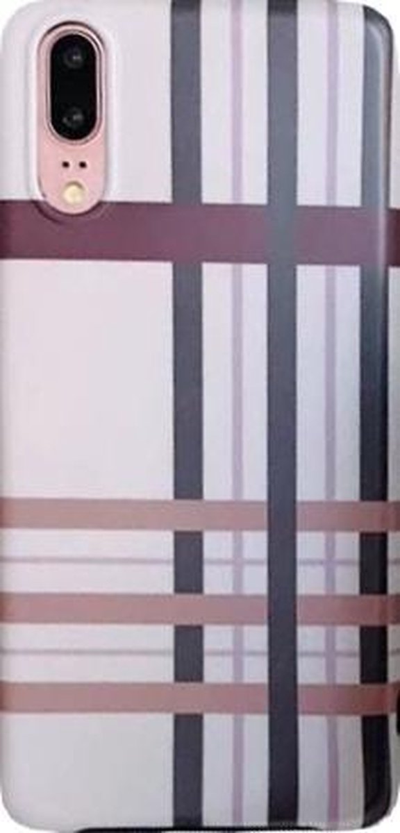 Luxe Siliconen Back Cover voor Huawei P20 - Hoogwaardig TPU Hoesje - Geometrisch Fashion Design Opdruk - Matte Finish Case - Beige Paars Bruin