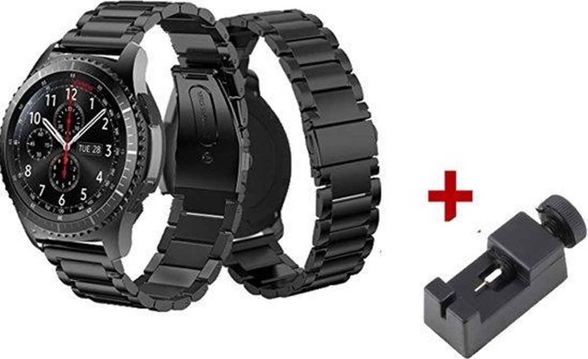 Metalen Armband Geschikt Voor Samsung Galaxy Watch 46mm / Gear S3 Frontier & Classic Horloge Band Strap -  Schakel Polsband RVS - Inclusief Inkortset - Zwart - AA Commerce