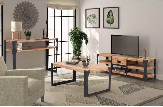 Woonkamer meubelset (Incl houten dienblad) massief acaciahout 3-delig - Tv  meubel -... | bol.com