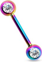 Tongpiercing titanium regenboog kleur dubbele steen wit