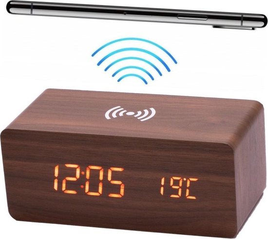 Deluxa Digitale Wekker - Alarmklok houten look & draadloze telefoon oplader  - Bruin | bol.com