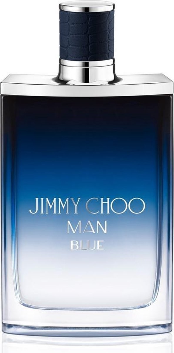 Jimmy Choo Man Blue Eau de Toilette fles met donkerblauwe, vervaagde glazen body en een donkerblauwe dop.