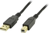 DELTACO USB-218S-KD, USB-A naar USB-B 2.0 kabel, vergulde aansluitingen, geleider van zuiver koper, 2m, zwart