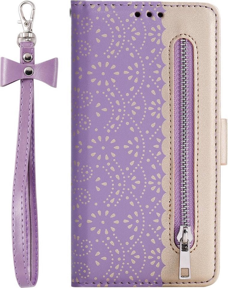 Portemonnee paars goud wallet book-case rits hoesje iPhone 7 / 8