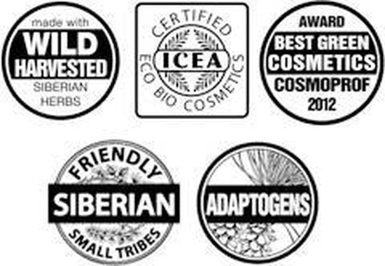 Vijf certificeringen en onderscheidingen: Wild Harvested Siberian Herbs, ICEA Eco Bio Cosmetics, Best Green Cosmetics Cosmoprof 2012, Friendly Siberian Small Tribes, Adaptogens.