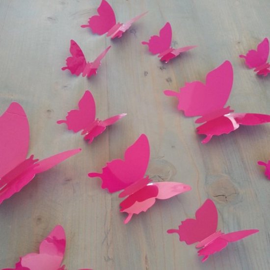 12 stuks donker roze / fuchsia 3d vlinders muurdecoratie babykamer / kinderkamer / muurstickers/ Stickerkamer.nl