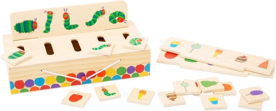De Rupsje Nooitgenoeg Afbeeldingen Sorteerbox met sorteerplaten en afbeeldingen van rupsen en voedsel.