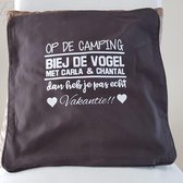 Kussenhoes op de Camping met naam. Maat 50x50 cm. Met rits. Met vulling