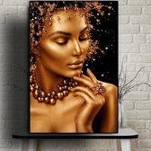 Canvas Schilderij * Sexy Gouden Naakte Vrouw met Sieraden * - Kunst aan je Muur - Kleur Goud-Zwart - 50 x 70 cm