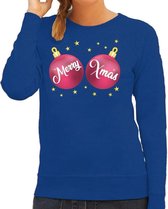 Foute kersttrui / sweater blauw met roze Merry Xmas borsten voor dames - kerstkleding / christmas outfit M (38)