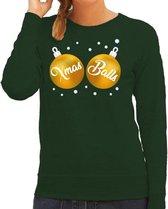 Foute kersttrui / sweater groen met gouden Xmas Balls borsten voor dames - kerstkleding / christmas outfit M (38)