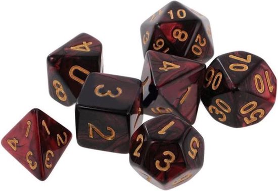 Thumbnail van een extra afbeelding van het spel 7 delige set dobbelstenen voor Dungeon & Dragons (D&D) - Rood zwarte Polydice set