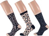 Dames fashion sokken 3-pak luipaard print beige/navy maat 35-42