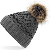 Senvi Luxe Bont PomPom Beanie - Kleur Grijs/Zwart