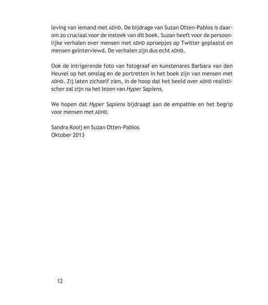 Tekst over het boek Hyper Sapiens, met vermelding van Sandra Kooij en Suzan Otten-Pablos en de datum oktober 2013.
