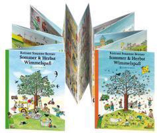 Twee kinderboeken, 'Sommer & Herbst Wimmelspaß', opengeklapt, met illustraties van scènes in de zomer en herfst.
