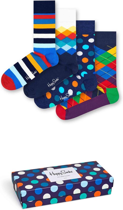 Vier paar Happy Socks en bijpassende geschenkverpakking. Sokken: gestreept blauw, ruiten met gekleurde diamanten, met grote stippen en diamanten met geel/paars.