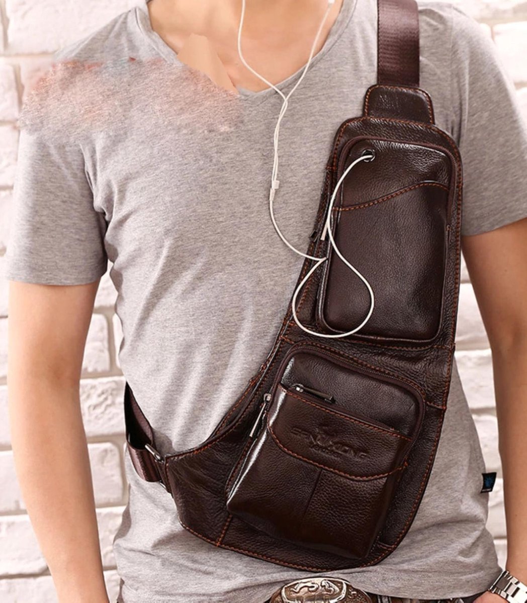 Crossbody lederen heren tas donker bruin schuine borst tas bol