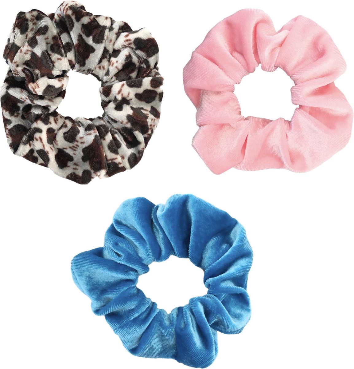 Scrunchie 3 stuks Velvet Extra Vol en Luxe - haarelastiek haarwokkel scrunchies - panterprint grijs met bruin - lichtroze - lichtblauw - Kraagjeskopen.nl