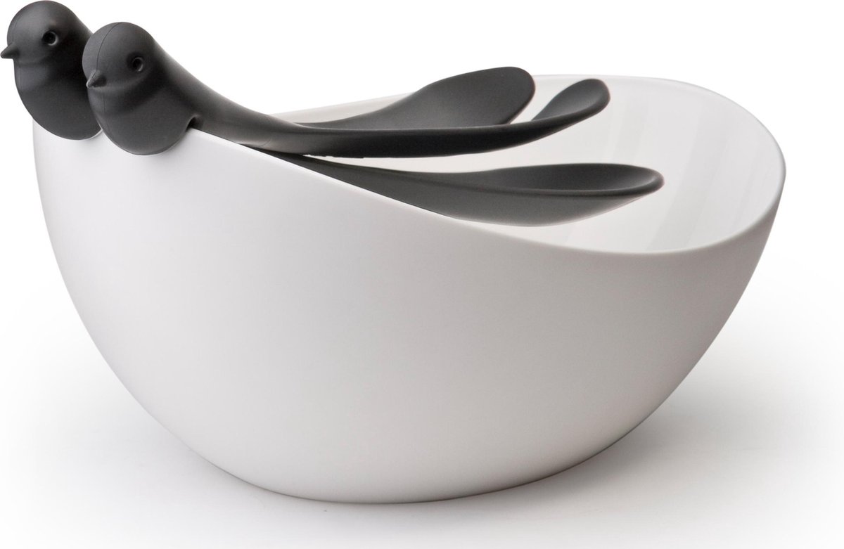 Qualy - slabak met vogeltjes bestek - Sparrow Salad Bowl & cutlery, Black