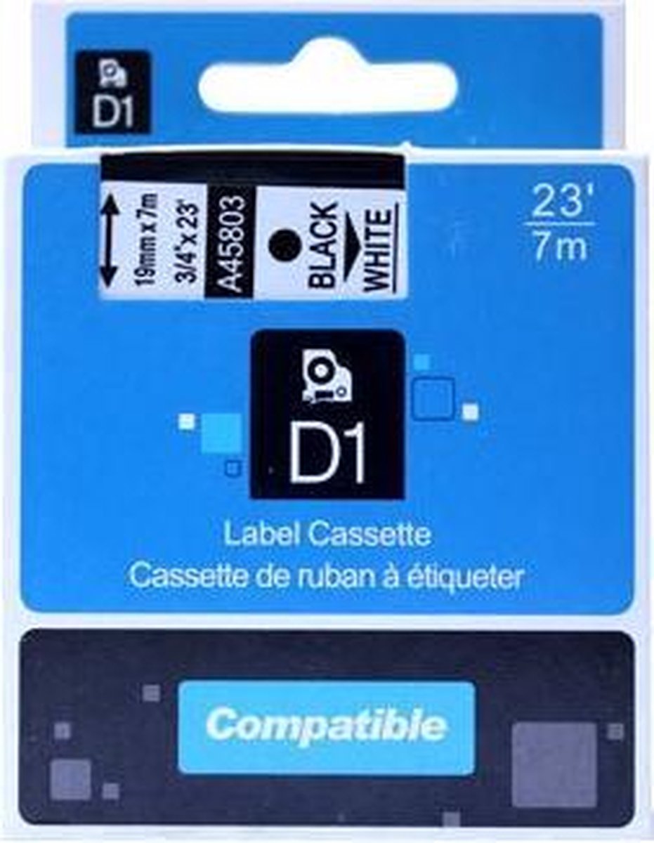Dymo D1 45803 compatible tape 19mm. zwart op wit