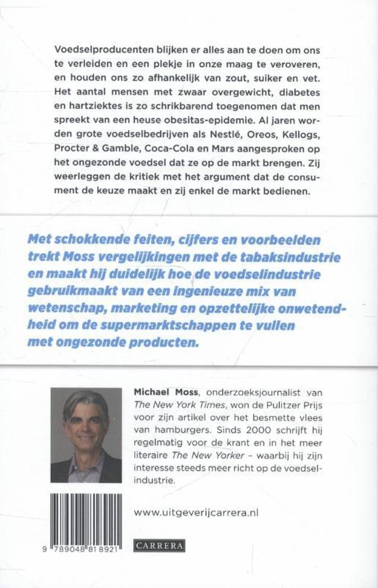 Portret van Michael Moss, auteur van "Zout, Suiker, Vet", met informatie over het boek.