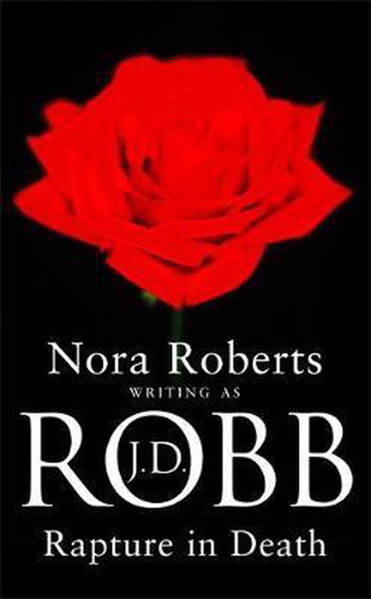 Couverture du livre avec une rose rouge au-dessus du titre 'Rapture in Death' par J.D. Robb.