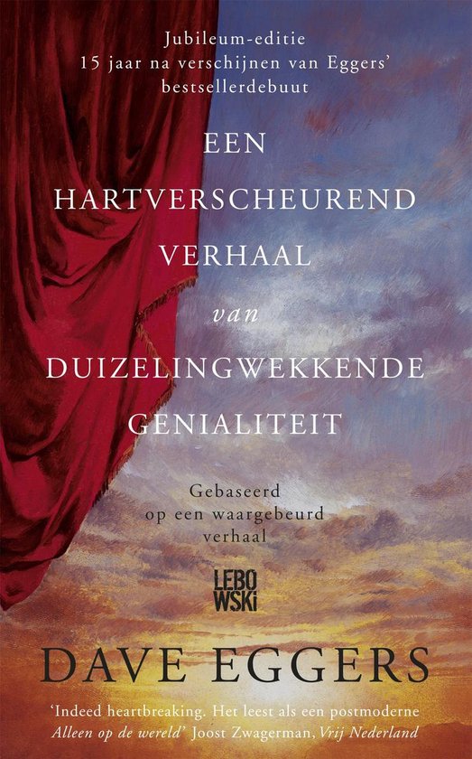 Couverture de livre avec des rideaux rouges à gauche et un ciel peint à droite. Titre 'Un récit déchirant d'une génialité vertigineuse'.