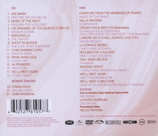 Omslag met titel en tracklijsten voor CD en DVD. Muziek van o.a. Ave Maria en Requiem for a Soldier.