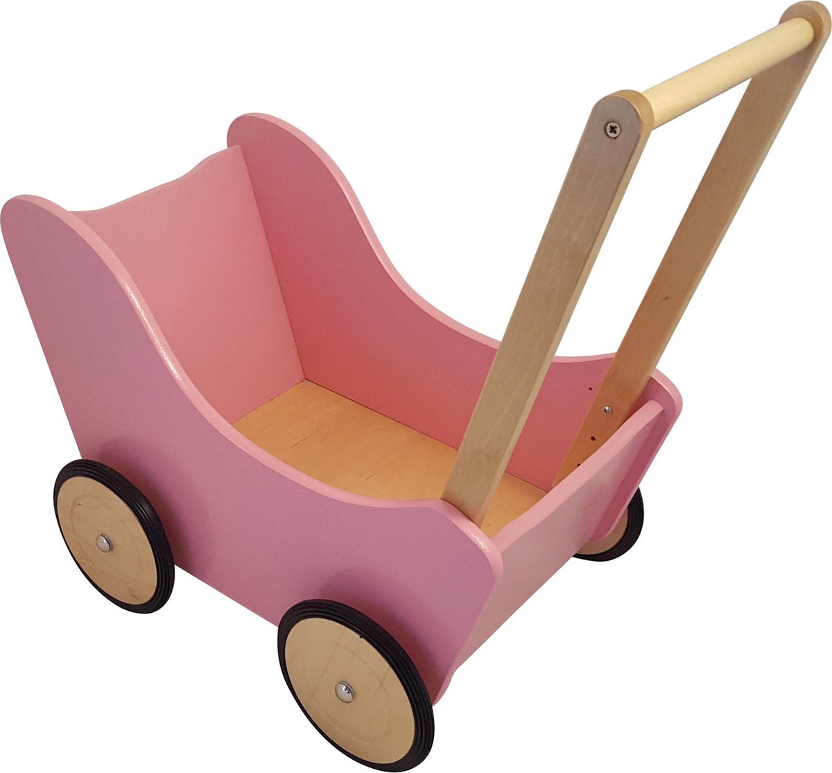 Playwood Houten Poppenwagen roze met natural wielen