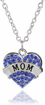 Zilveren ketting met blauw hartje Mom - kristal strass - mama hart ketting - moeder hart hanger - moederdag cadeau - cadeau voor mama