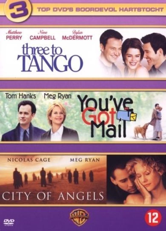 Dvd-hoes met 'Three to Tango', 'You've Got Mail' en 'City of Angels'. Met Matthew Perry, Neve Campbell, Dylan McDermott, Tom Hanks, Meg Ryan, Nicolas Cage.