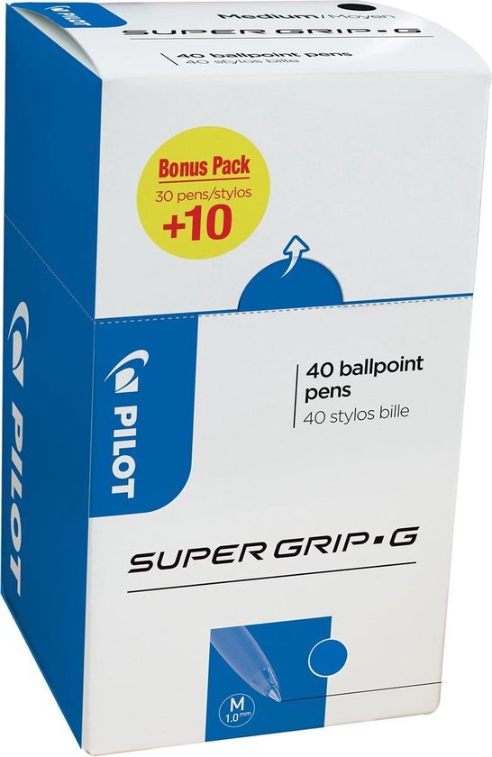 2x Pilot balpen Super Grip G medium met dop, blauw, value pack met 30 + 10 stuks
